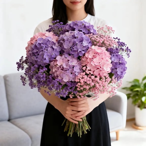 34 Piece Artificial Hydrangea Bouquet: Purple and pink hydrangeas combined with purple and pink paniculata; perfect for weddings, brides, parties and DIY home office decorations.