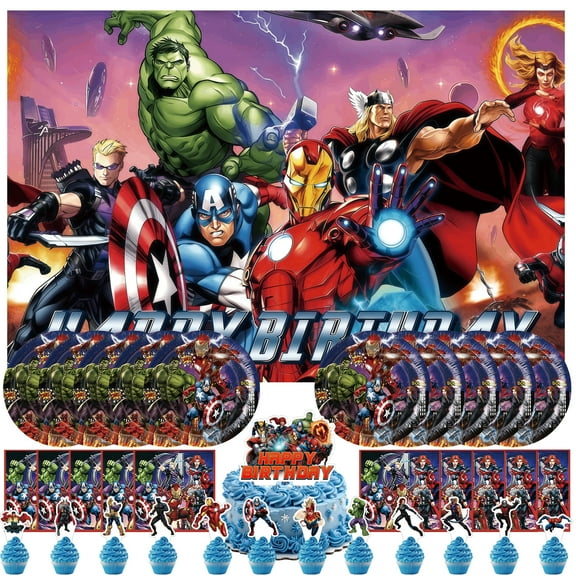 34 Piece For The Avengers Themed Superhero Movie Celebration Birthday Decor Set Spider Includes Backdrop, Hulk 13 Cupcake Toppers, 10 Paper Plates, and 10 Napkins for Party Favors and Events