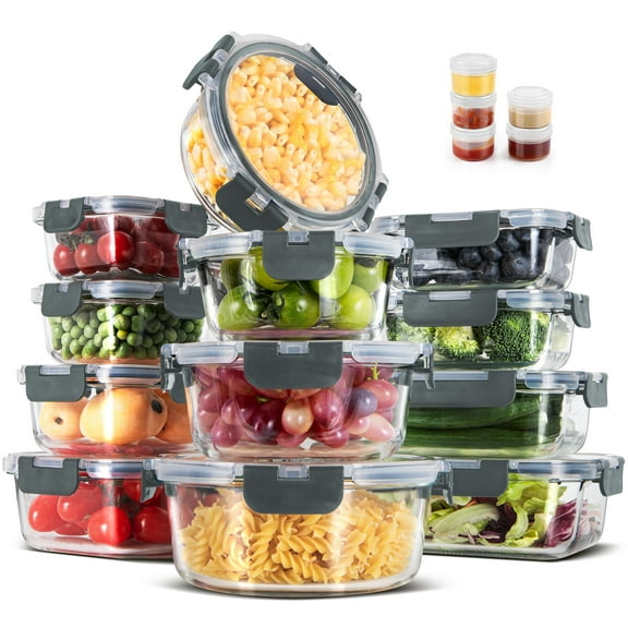 GPED 34-Piece Glass Food Storage Container Set, Glass Meal Prep Containers with Snap-Locking Lids, Glass Lunch Box, Airtight Bento Box, for Microwave, Oven, Freezer, and Dishwasher Safe, Gray