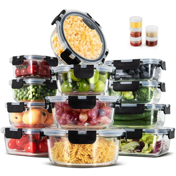 GPED 34-Piece Glass Food Storage Container Set, Glass Meal Prep Containers with Snap-Locking Lids, Glass Lunch Box, Airtight Bento Box, for Microwave, Oven, Freezer, and Dishwasher Safe, Black