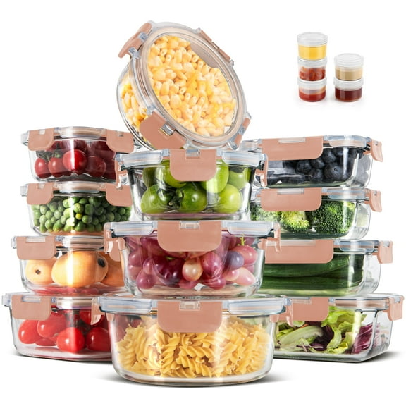 GPED 34-Piece Glass Food Storage Container Set, Glass Meal Prep Containers with Snap-Locking Lids, Glass Lunch Box, Airtight Bento Box, for Microwave, Oven, Freezer, and Dishwasher Safe, Pink