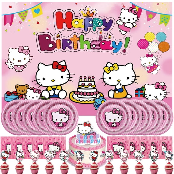 34 Piece For Hello Cartoon Themed For Kitty Celebration Birthday Decor Set  Includes Backdrop, Cake Topper, 12 Cupcake Toppers, 10 Paper Plates, and 10 Napkins for Party Favors and Events