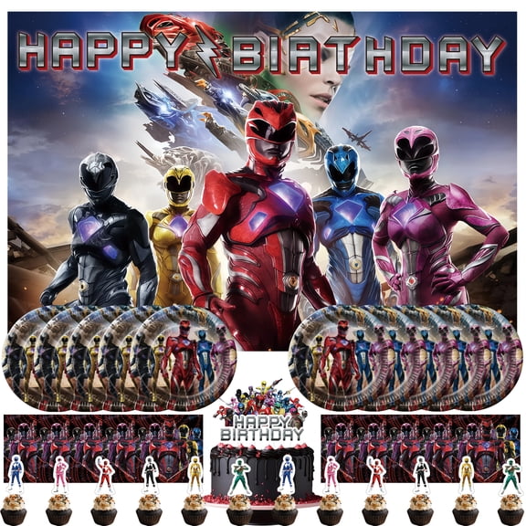 34 Piece For Power Rangers TV Series Themed Celebration Birthday Decor Set Includes Backdrop, Cake Topper, 12 Cupcake Toppers, 10 Paper Plates, and 10 Napkins for Party Favors and Events