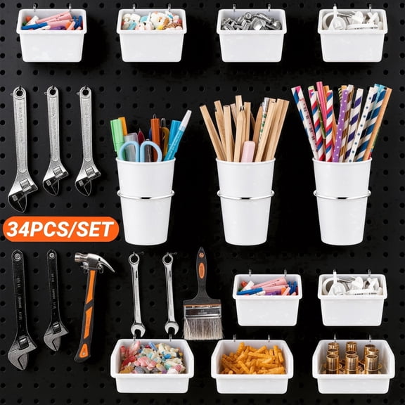 34 Piece Stainless Steel Pegboard Accessories and Hooks Set, White