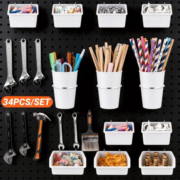 34 Piece Stainless Steel Pegboard Accessories and Hooks Set, White