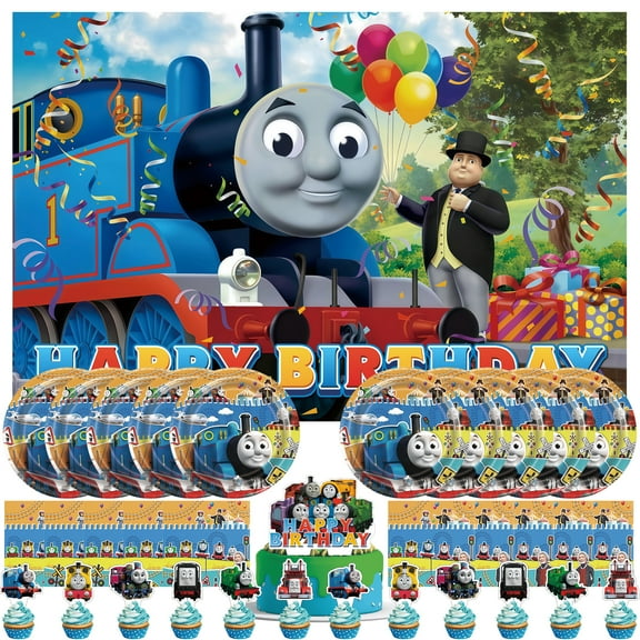 34 Piece For Thomas Themed Party Supplies Party Favor Set,Includes Backdrop, Cake Topper, 12 Cupcake Toppers, 10 Paper Plates, and 10 Napkins All-in-One Party Decorations Set