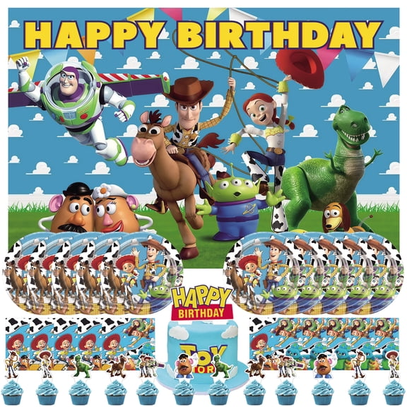 34 Piece For Toy Cartoon Themed For Story Celebration Birthday Decor Set – Includes Backdrop, Cake Topper, 12 Cupcake Toppers, 10 Paper Plates, and 10 Napkins for Party Favors and Events