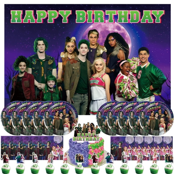 34 Piece For Zombies Movie Themed Party Decoration Kits,Includes Backdrop, Cake Topper, 12 Cupcake Toppers, 10 Paper Plates, and 10 Napkins for Celebration Birthday Party Favors and Events