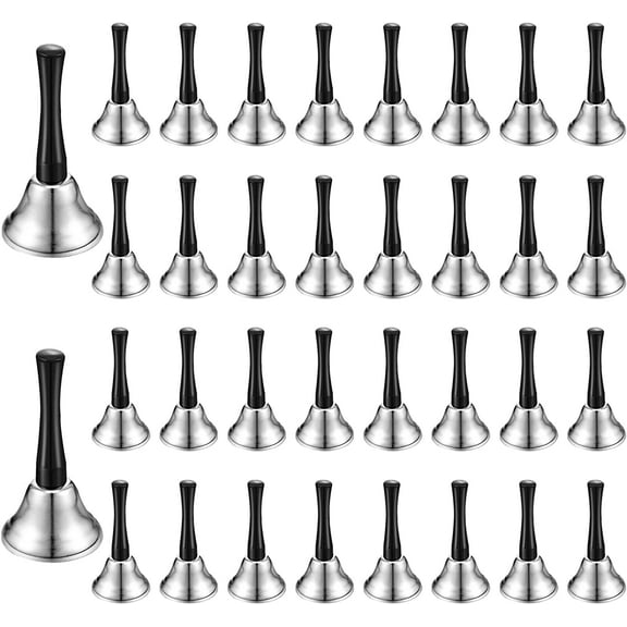 34 Pieces Hand Bell Small Hand Held Bells, Silver Steel Dinner Call Service Wedding Bells with Black Wooden Handle Care for School Church Adults Classroom Wedding Decorative