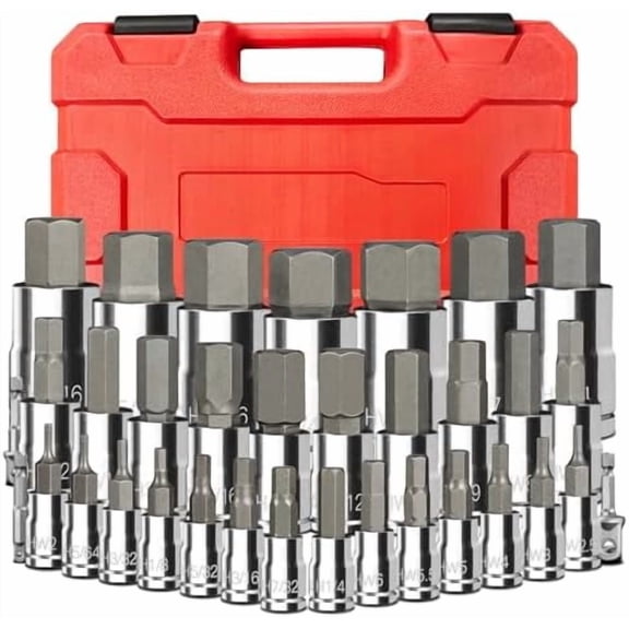 34-Pieces Hex Bit Socket Set, 1/4" 3/8" 1/2" Drive SAE & Metric Size Allen Socket Set with Socket Adapters and Portable Storage Case, S2 Alloy Steel$$Tools & Hardware Other