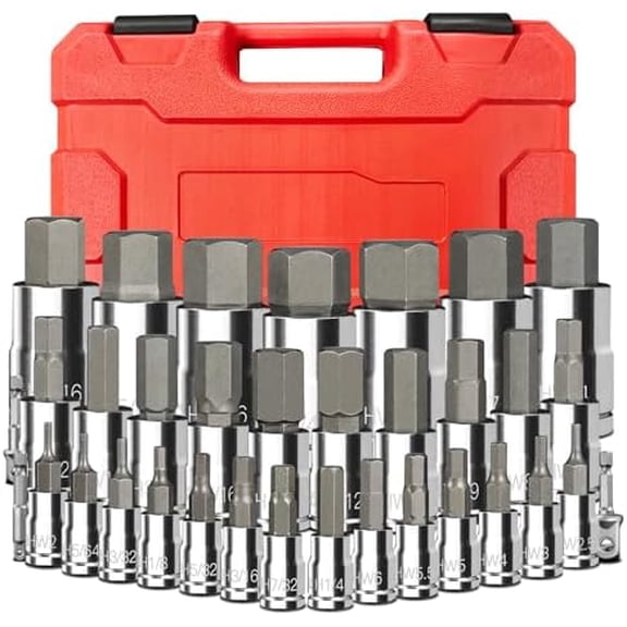 34-Pieces Hex Bit Socket Set, 1/4" 3/8" 1/2" Drive SAE & Metric Size Allen Socket Set with Socket Adapters and Portable Storage Case, S2 Alloy Steel