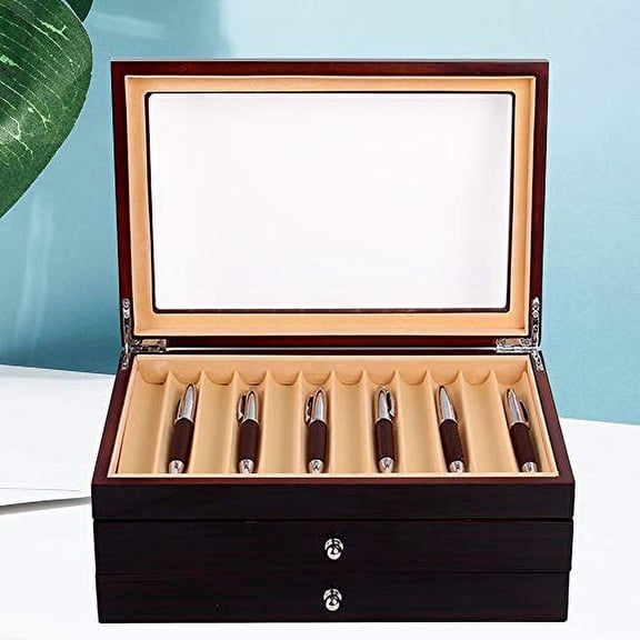 34 Pieces Sandalwood Wood Pen Box, 3 Levels with Drawers Fountain Display Organizer Box with Glass Window Gift for Friend (Black red)