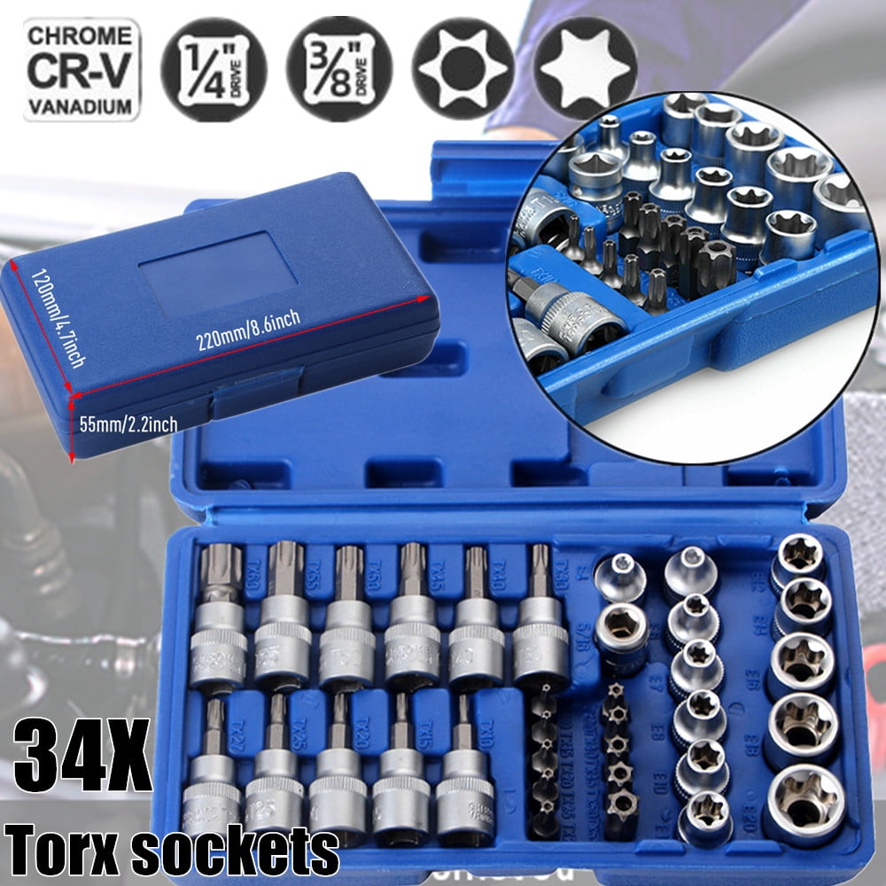 34 Pieces Torx Bit Socket and E Torx Star Socket Set Cr V E Socket Set E4 20 S2 Torx Bit Socket Set