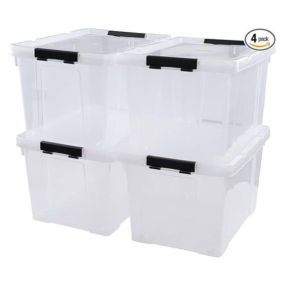 34 Quart Storage Bins with Lids 4 Pack, Clear Plastic Latching Boxes on Wheels, Heavy Duty Organizer Containers for Home, Office, Bedroom, Garage