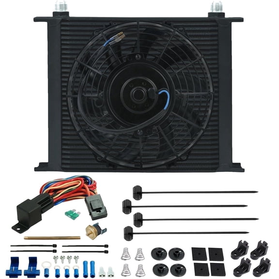 34 Row Engine Transmission Oil Cooler 9" Inch Radiator Electric Cooling Fan Fin Probe Thermostat Kit