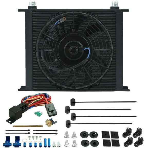 34 Row Engine Transmission Oil Cooler Electric Fan Push-in Thermostat Kit