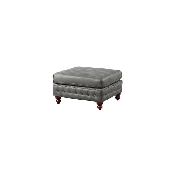 34" Rustic Recluse Gray Faux Leather Square Ottoman with Tufted Cushion Handcrafted Legs and Nailhead Trim Detail