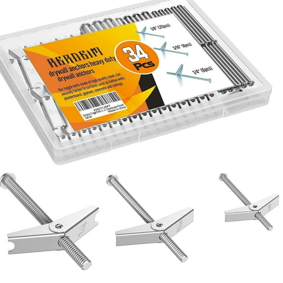 34 Sets Toggle Bolts, Wall Anchor, 1/4" 3/16" 1/8" Butterfly Drywall Anchors, Heavy Duty Metal Screws for Hollow Wall Ceiling Sheetrock, Taquetes para Drywall