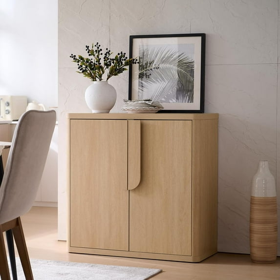 34'' Sideboard Buffet Cabinet W/Storage, Modern Accent Cabinets W/Curved Handles & Adjustable Shelves, 2 Doors Coffee Bar Buffet Table Credenza for Living Room Kitchen Hallway, Natural