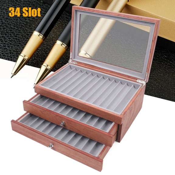 34 Slots Wooden Pen Display Box 34 Pens Storage Fountain Pen Collector Case with Clear Window Large Organizer Box Rosewood Storage Collection with Drawer Gifts for Man Father Boyfriend Husband