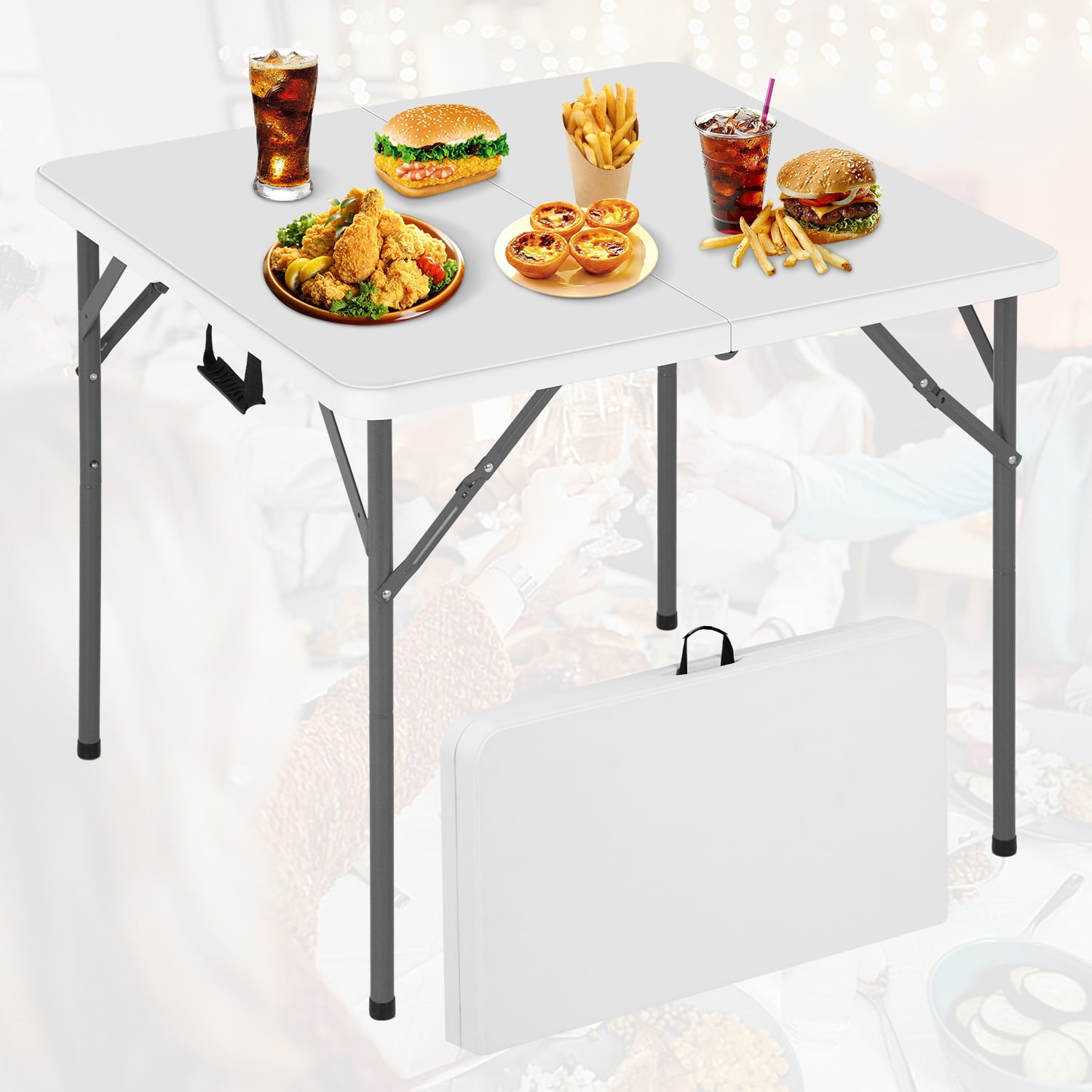 34" Small Folding Table Square Foldable Table Party Table with Handle Plastic Table Mesa Plegable Collapsible Dinning Table for Indoor& Outdoor,Easy to Use and Carry, White