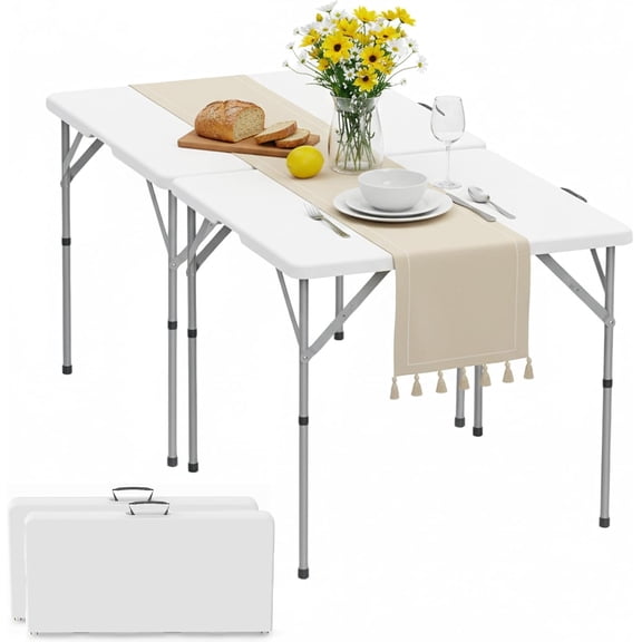 34'' Square Folding Card Table 2 Pcs, Fold-in-Half Portable Dining Table with Handle and Safety Lock, Foldable Plastic Dining Table Indoor Outdoor for Camping, Picnic and Party Event, White