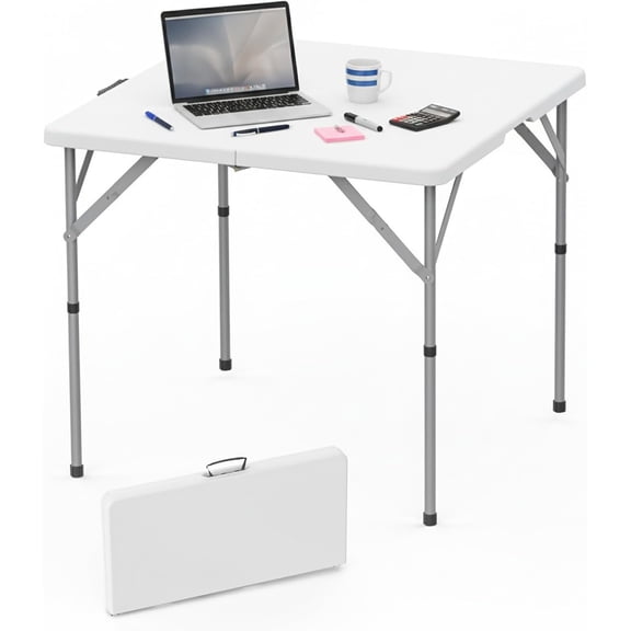 34'' Square Folding Card Table, Fold-in-Half Portable Dining Table with Handle and Safety Lock, Foldable Plastic Dining Table Indoor Outdoor for Camping, Picnic and Party Event, White