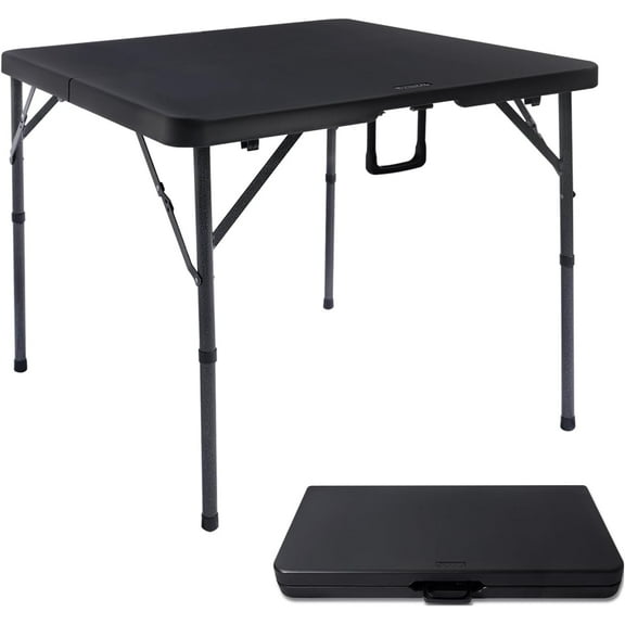 34" Square Folding Card Table, Fold-in-Half Utility Dining Portable Table Heavy Duty HDPE Plastic Foldable with Carrying Handle Indoor Outdoor for Picnic, Camping, Party, Black