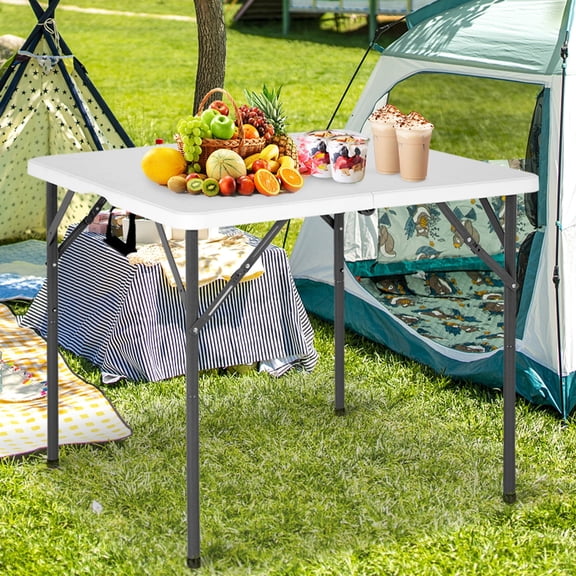 34" Square Folding Card Table, Fold-in-Half Utility Dining Portable Tables Heavy Duty HDPE Plastic Foldable Table with Carrying Handle Indoor Outdoor for Picnic, Camping, Party, White
