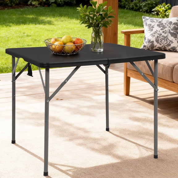 34" Square Folding Card Table, Fold-in-Half Utility Dining Portable Tables Heavy Duty HDPE Plastic Foldable Table with Carrying Handle Indoor Outdoor for Picnic, Camping, Party, Black