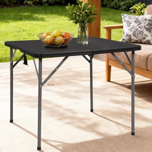 34" Square Folding Card Table, Fold-in-Half Utility Dining Portable Tables Heavy Duty HDPE Plastic Foldable Table with Carrying Handle Indoor Outdoor for Picnic, Camping, Party, Black$$Garden & Patio