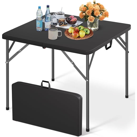34" Square Folding Plastic Table - Portable Fold-in-Half Utility Dining Party Table with Carrying Handle, No Assembly Required for Indoor/Outdoor Wedding, Picnic, Camping, Black