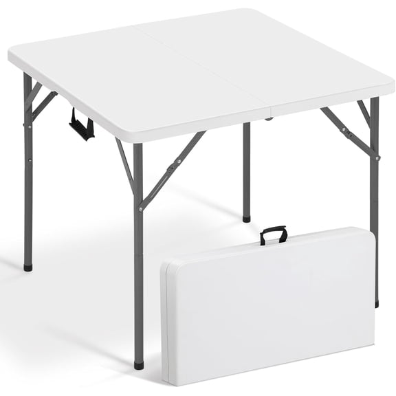 34" Square Folding Table Fold-in-Half Utility Dining Portable Table Heavy Duty HDPE with Carrying Handle, Plastic Tables for Camping,Picnic, Office, Party,Card Table (White)