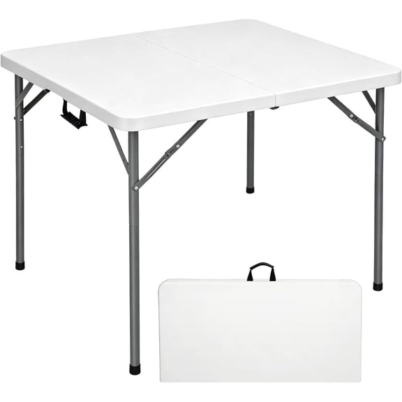 34" Square Folding Table, Fold-in-Half Utility Dining Portable Table Heavy Duty HDPE Plastic Foldable with Carrying Handle Indoor Outdoor for Picnic, Party