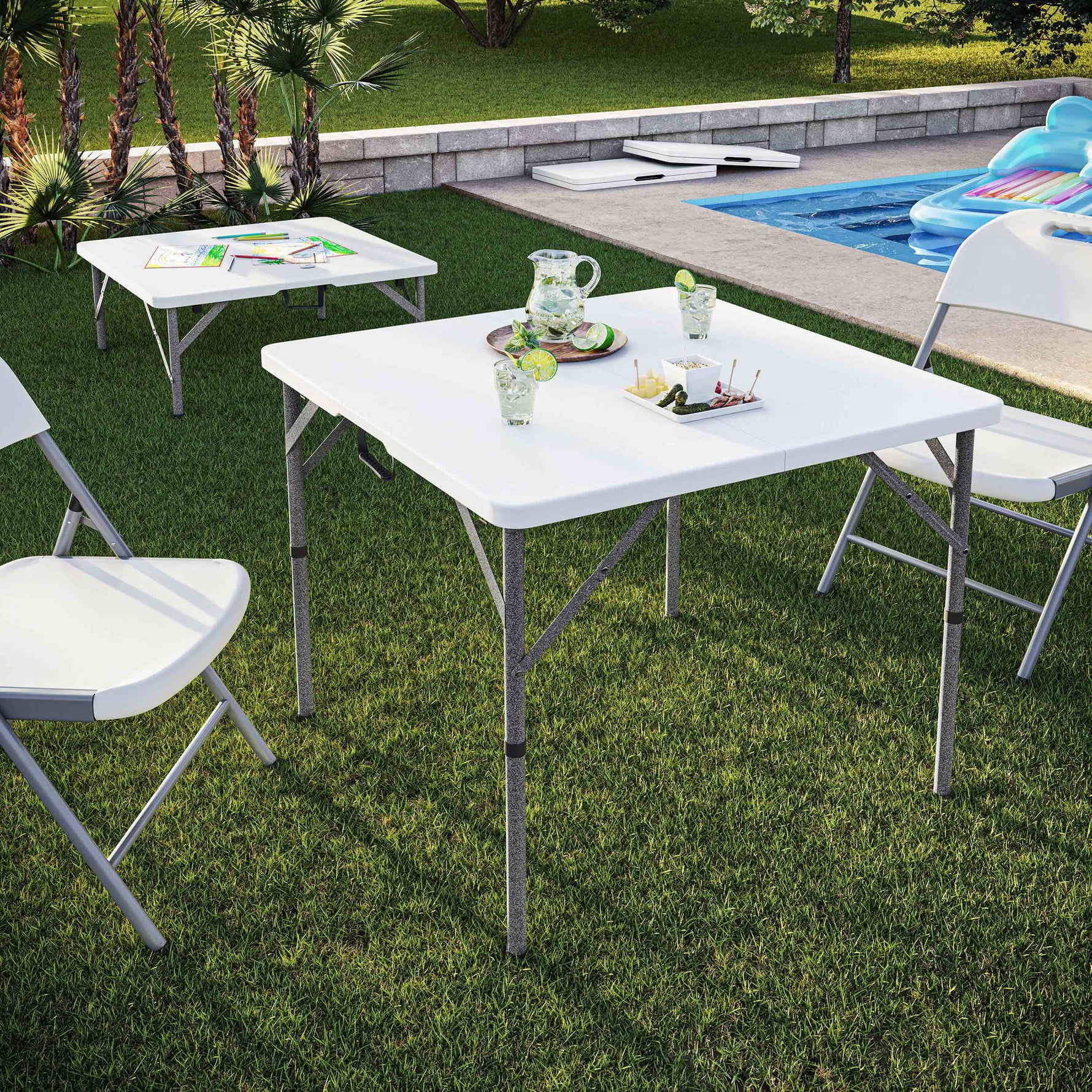 34” Square Folding Table, Height Adjustable Small Folding Table with Easy-Carry Handle, White