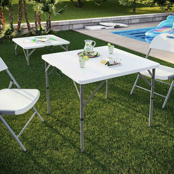 34 Square Folding Table, Height Adjustable Small Folding Table with Easy-Carry Handle, White