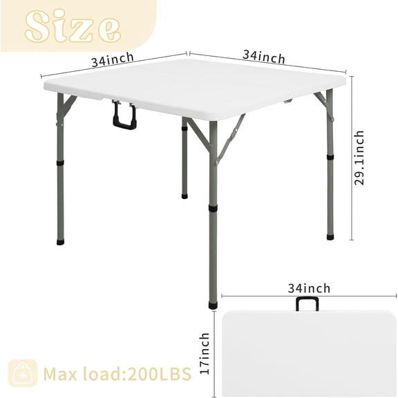 34" Square Folding Table,Multi-Functional Portable Folding Card Table with Carrying Handle for Indoor Outdoor Camping,Picnic, Office, Party Use, HDPE Plastic Tabletop with Metal Frame(White)