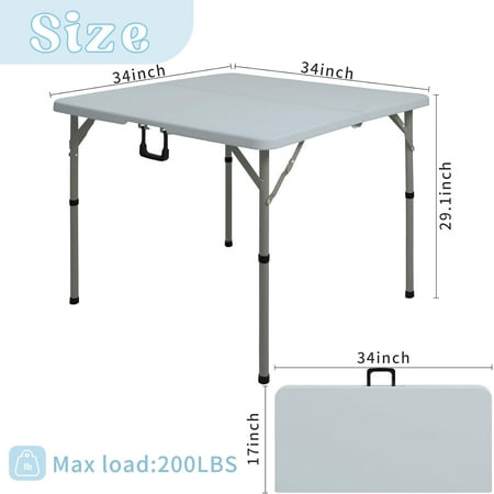 34" Square Folding Table, Multi-Functional Portable Folding Card Table with Carrying Handle for Indoor Outdoor Camping, Picnic, Office, Party Use, HDPE Plastic Tabletop with Metal Frame (Grey)