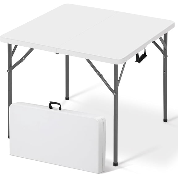 34" Square Folding Table, Portable Plastic Table No Assembly Needed, Fold-in-Half Design with Handle for Indoor Outdoor, Camping, Events, Banquets - White