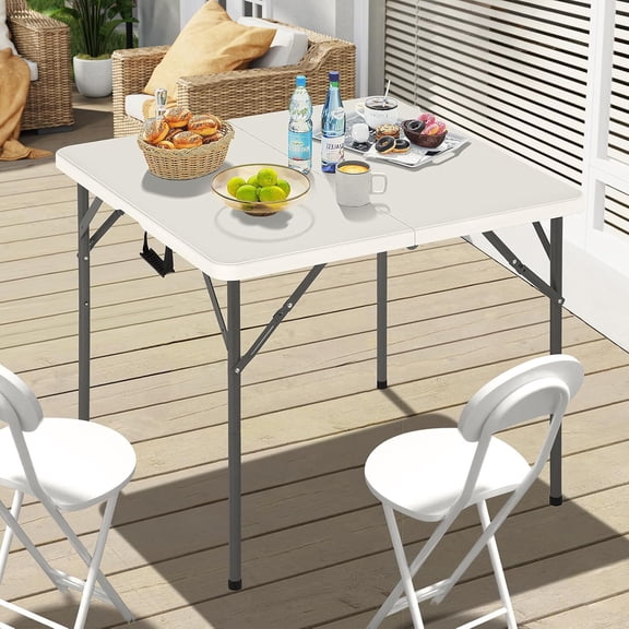 34" Square Folding Table, Utility Dining Table Plastic Card Tables, Portable Fold-in-Half Party Tables Outdoor/Indoor with Carrying Handle, No Need Assembly for Wedding, Picnic, Camping, White