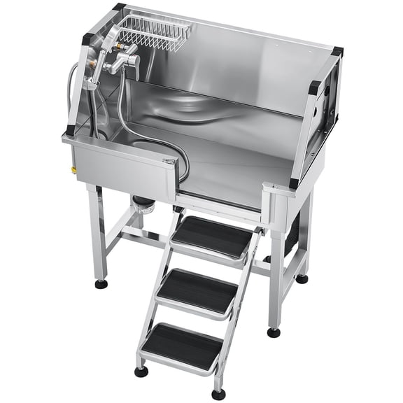 34" Stainless Steel Dog Grooming Bath Tub with Stairs, Faucet, and Showerhead, Leak-Proof Design, Anti-Slip Surface, 220 lbs Capacity, Complete Accessories for Professional Pet Washing