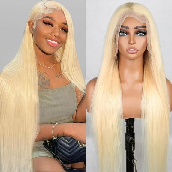34" Straight 13x4 Blonde Lace Front Wigs Human Hair, 180% Density 613 HD Lace Frontal Wig Blonde