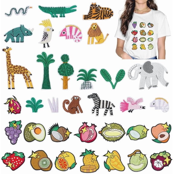 34 Styles Animal Fruit Embroidered Patches 41Pcs Summer Tropics Fruit Plant Sew on Embroidery for Backpack Clothes Pants Hats Jeans Colorful