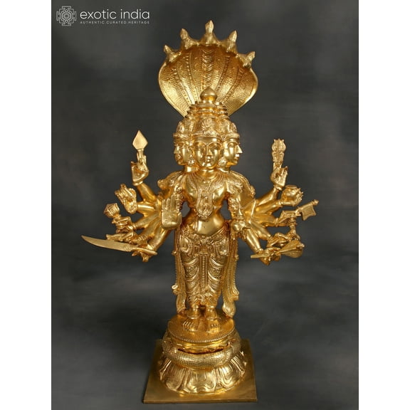 34" Superfine Shanmuga Murugan With Multiple Hands Standing On Pedestal In Brass | Handmade | Made In India