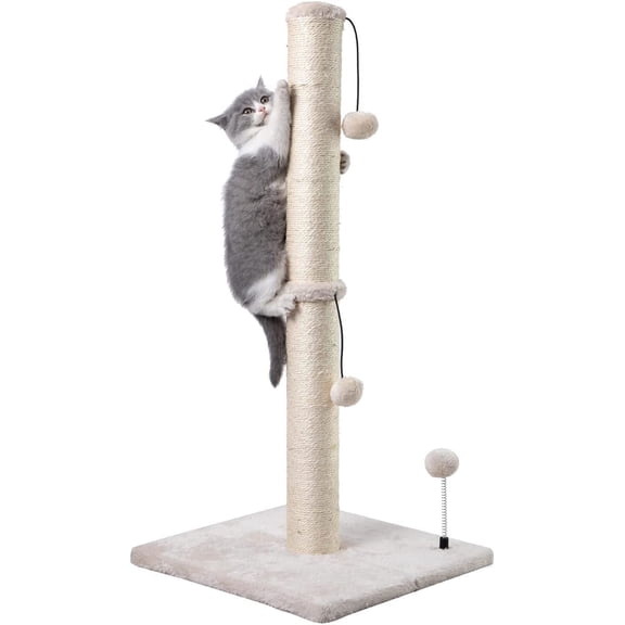 34” Tall Cat Scratching Post Premium Basics Kitten Scratcher Sisal Scratch Posts Trees with Hanging Ball for Indoor Cats, Beige