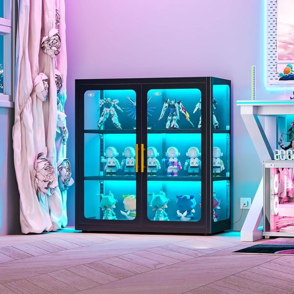 34" Tall Glass Display Cabinet with Adjustable Shelves and LED Lights, Black Curio Cabinet for Collectibles and Living Room