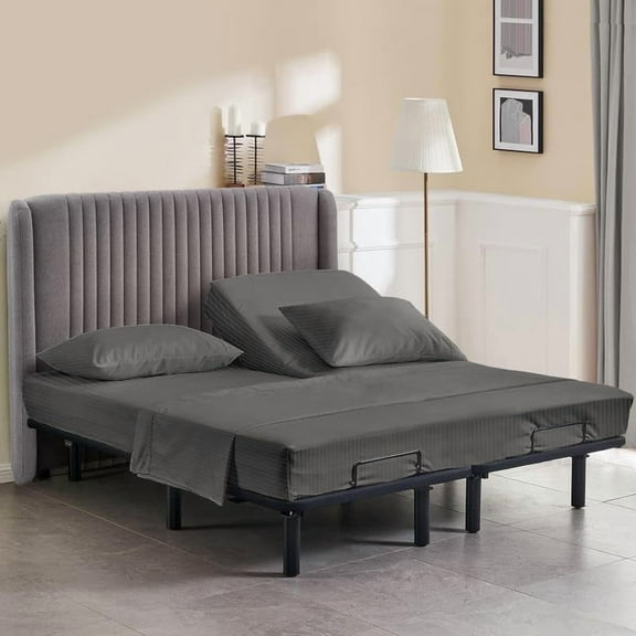 34" Top Split Flex Head King Size, 500TC Sheet Set - Supima Cotton Hotel Quality Ultra-Soft 4PC Bed Sheets Easy Fits 9–12" Deep (Stripe Dark Grey)