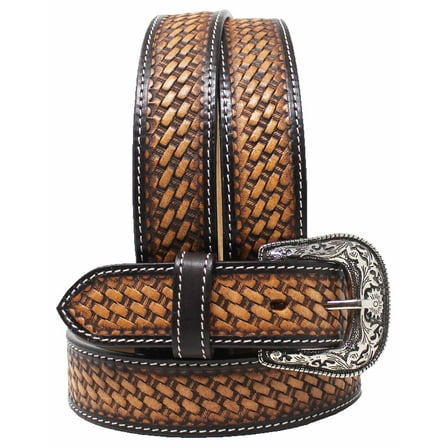 34  Unisex 1.5" Western Basketweave Tooled Full-Grain Leather Belt 26RT56