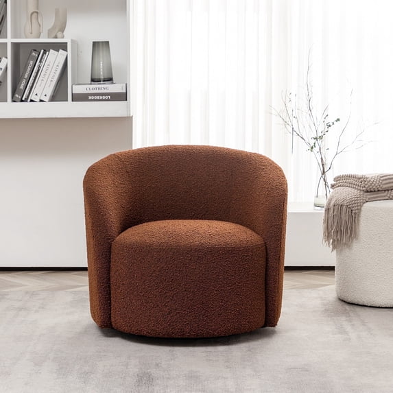 34" W Mid Century Modern Swivel Barrel Chair, Round Upholstered Boucle Swivel Accent Chairs, No Assembly Sofa Chair for Living Room Bedroom Reading Apartment Lounge Nursery (Brown)