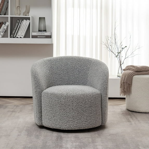 34" W Mid Century Modern Swivel Barrel Chair, Round Upholstered Boucle Swivel Accent Chairs, No Assembly Sofa Chair for Living Room Bedroom Reading Apartment Lounge Nursery(Gray)